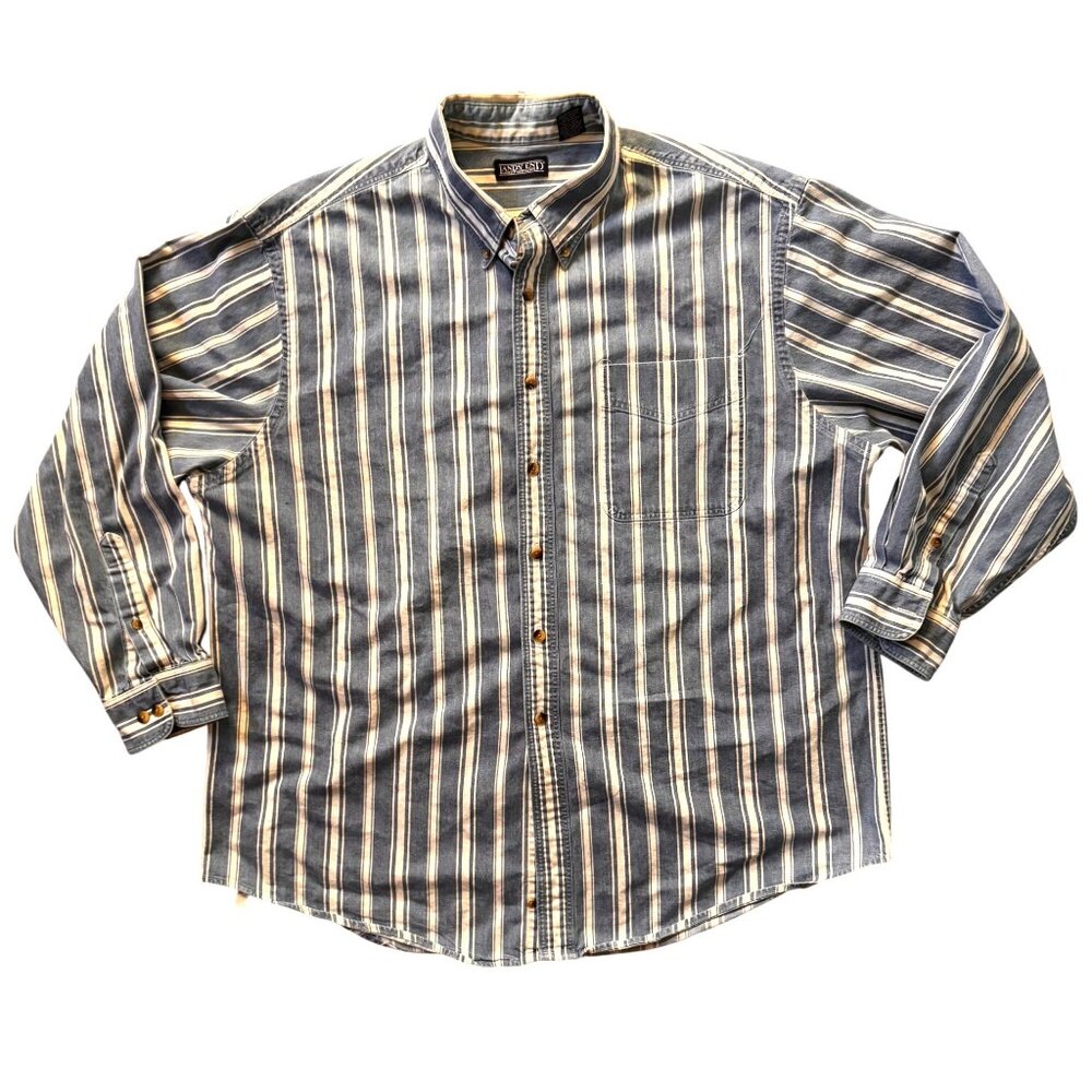 Lands End Brush Popper Shirt Mens XL Striped Long Sleeve Cotton‎ Thick Workwear